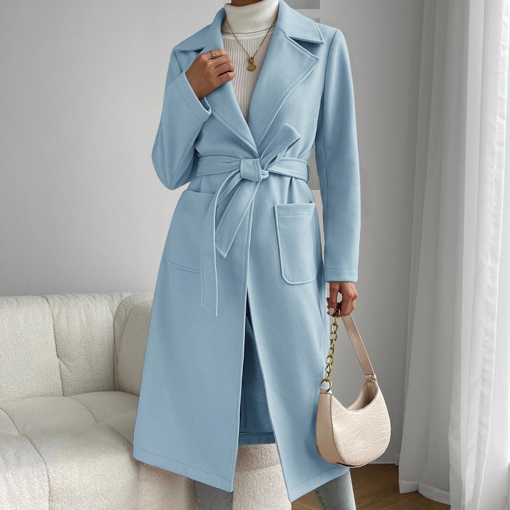 Baby Blue Preppy Womens Lapel Neck Dual Pocket Belted Overcoat - Picture 4 of 5